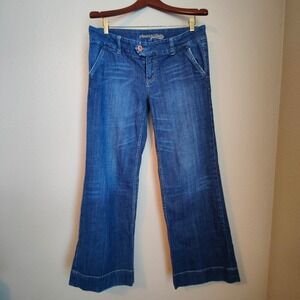 Y2K American Eagle Low Rise Wide Leg Jeans Stretch 12 Whiskering Mid Wash Indie